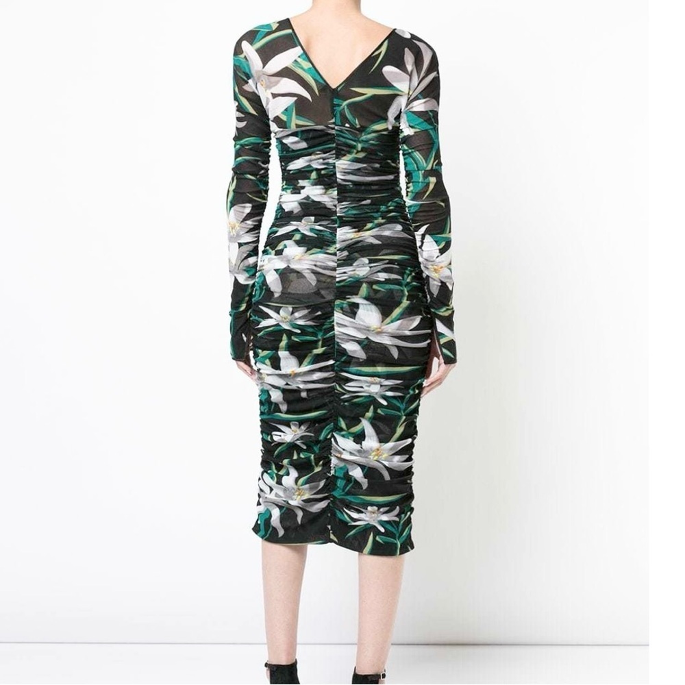 DVF Diane Von Furstenberg Mesh Overlay Ruched Midi Dress 8 bodycon floral Vneck - Picture 2 of 8